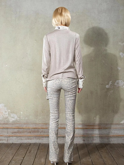 Y2K Punk Patchwork Flared Pants Retro Grunge Low Rise Leopard