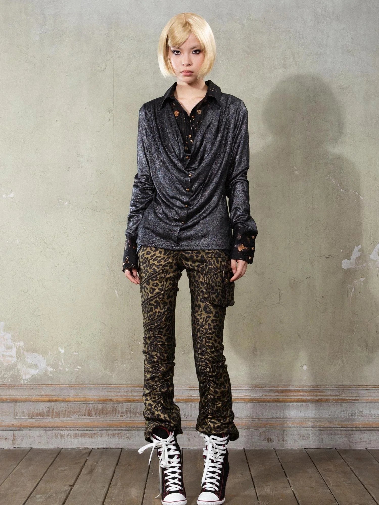 Y2K Punk Patchwork Flared Pants Retro Grunge Low Rise Leopard
