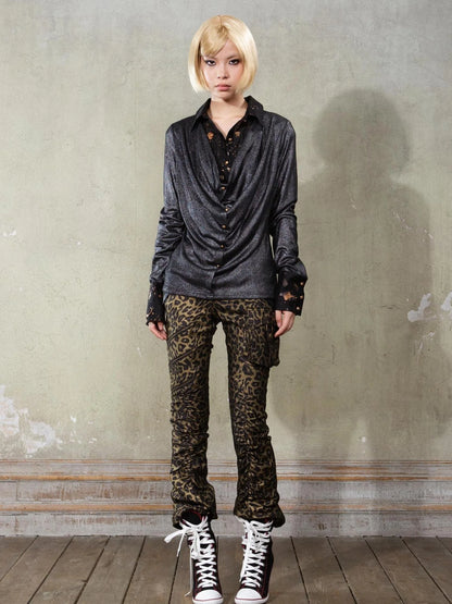 Y2K Punk Patchwork Flared Pants Retro Grunge Low Rise Leopard