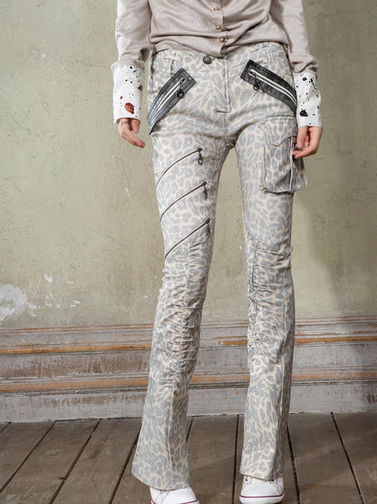 ARIADNAw Y2K Punk Patchwork Flared Pants Retro Grunge Low Rise Leopard