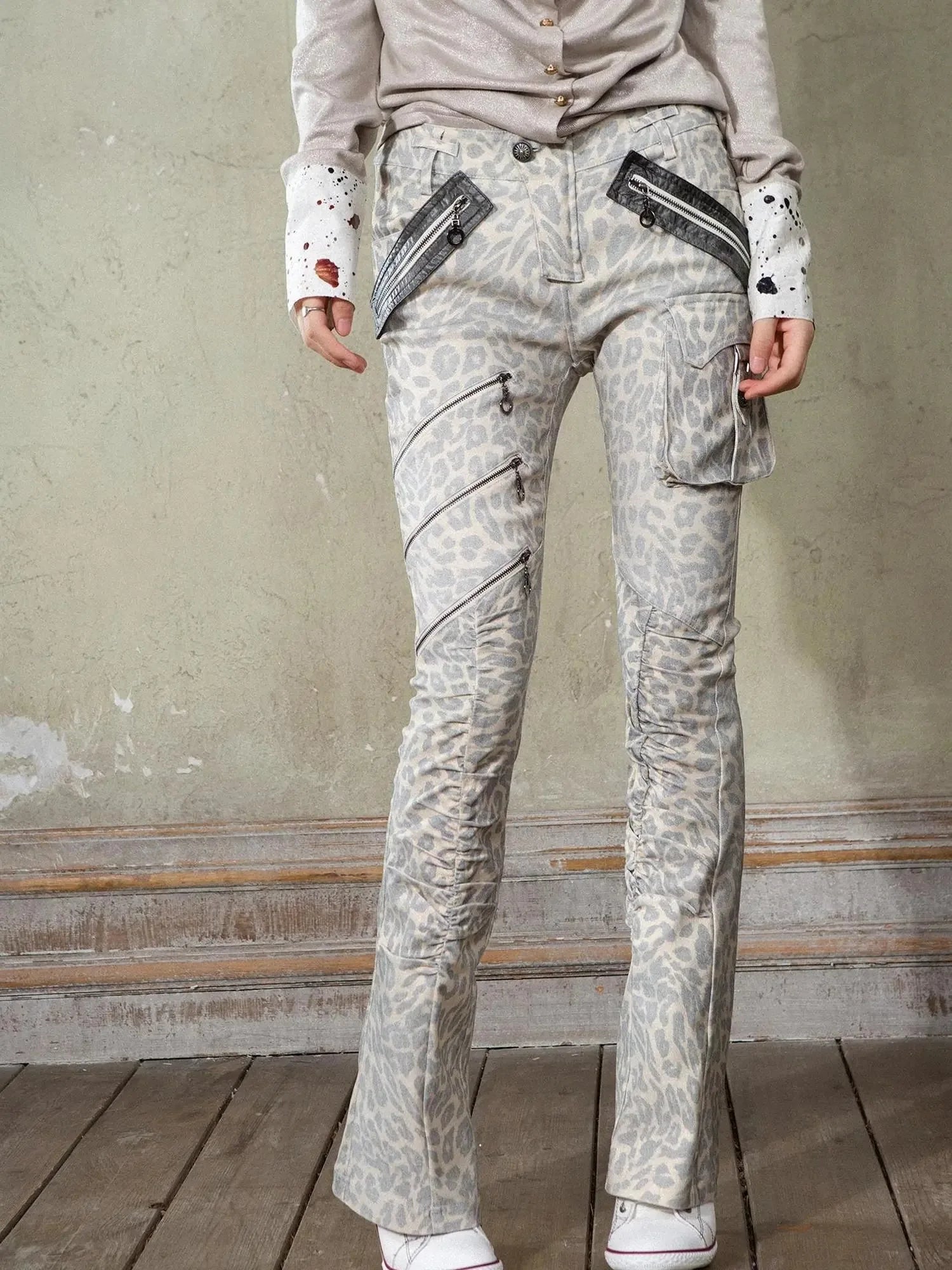 Y2K Punk Patchwork Flared Pants Retro Grunge Low Rise Leopard