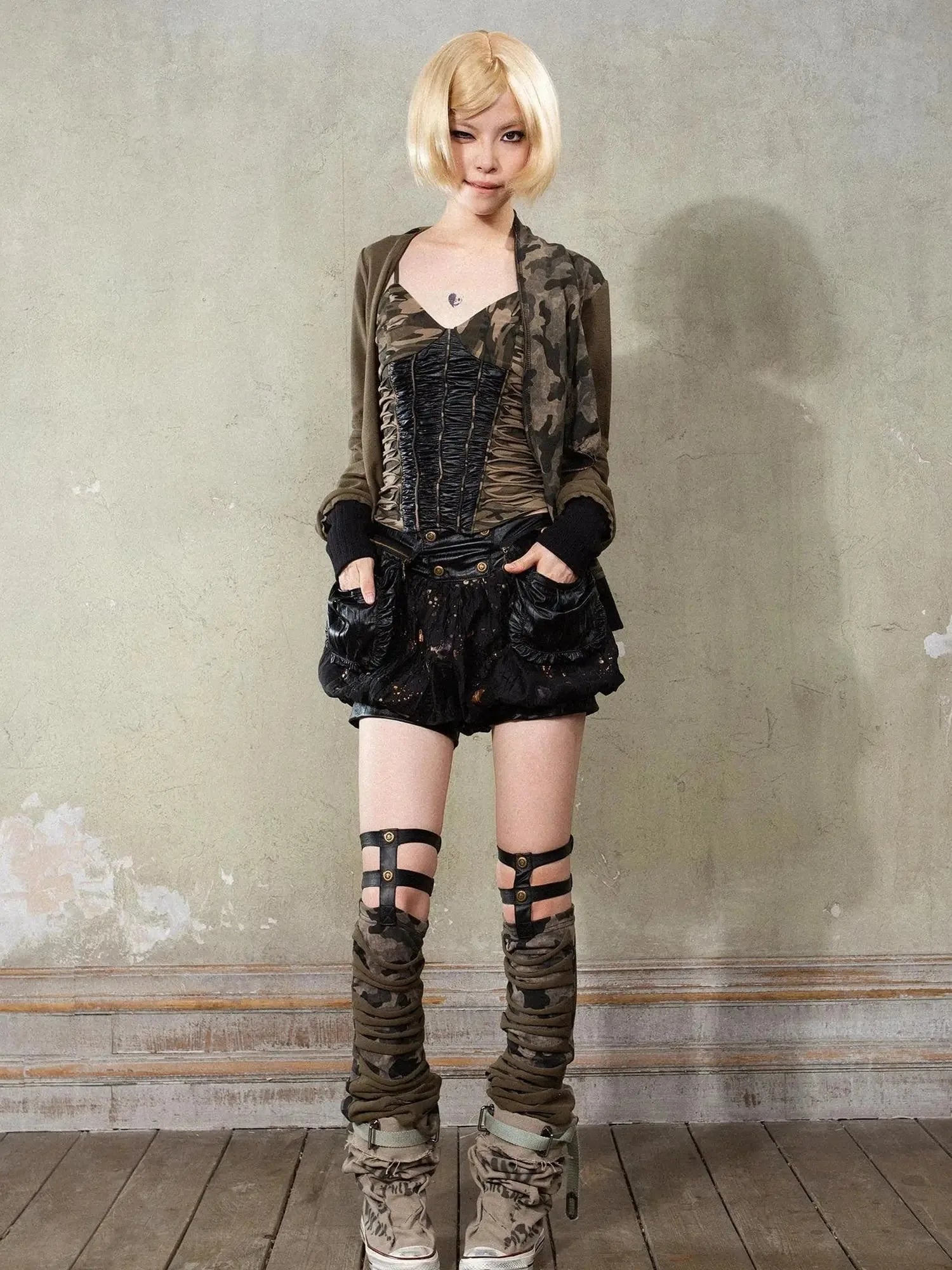 Y2K Punk Puff Shorts Industrial Denim Patchwork Bloomers
