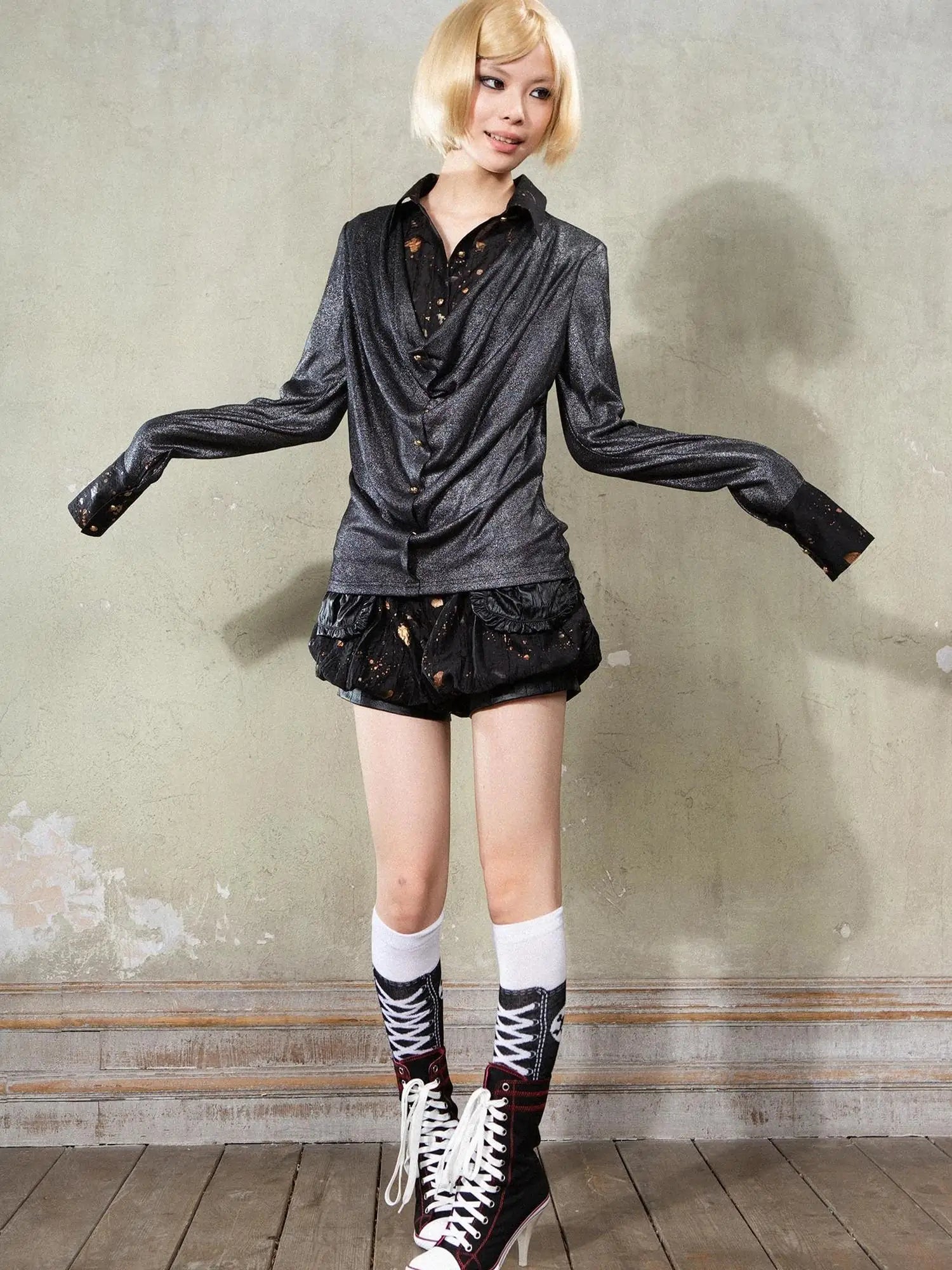 Y2K Punk Puff Shorts Industrial Denim Patchwork Bloomers