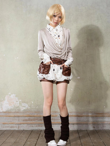 Y2K Punk Puff Shorts Industrial Denim Patchwork Bloomers