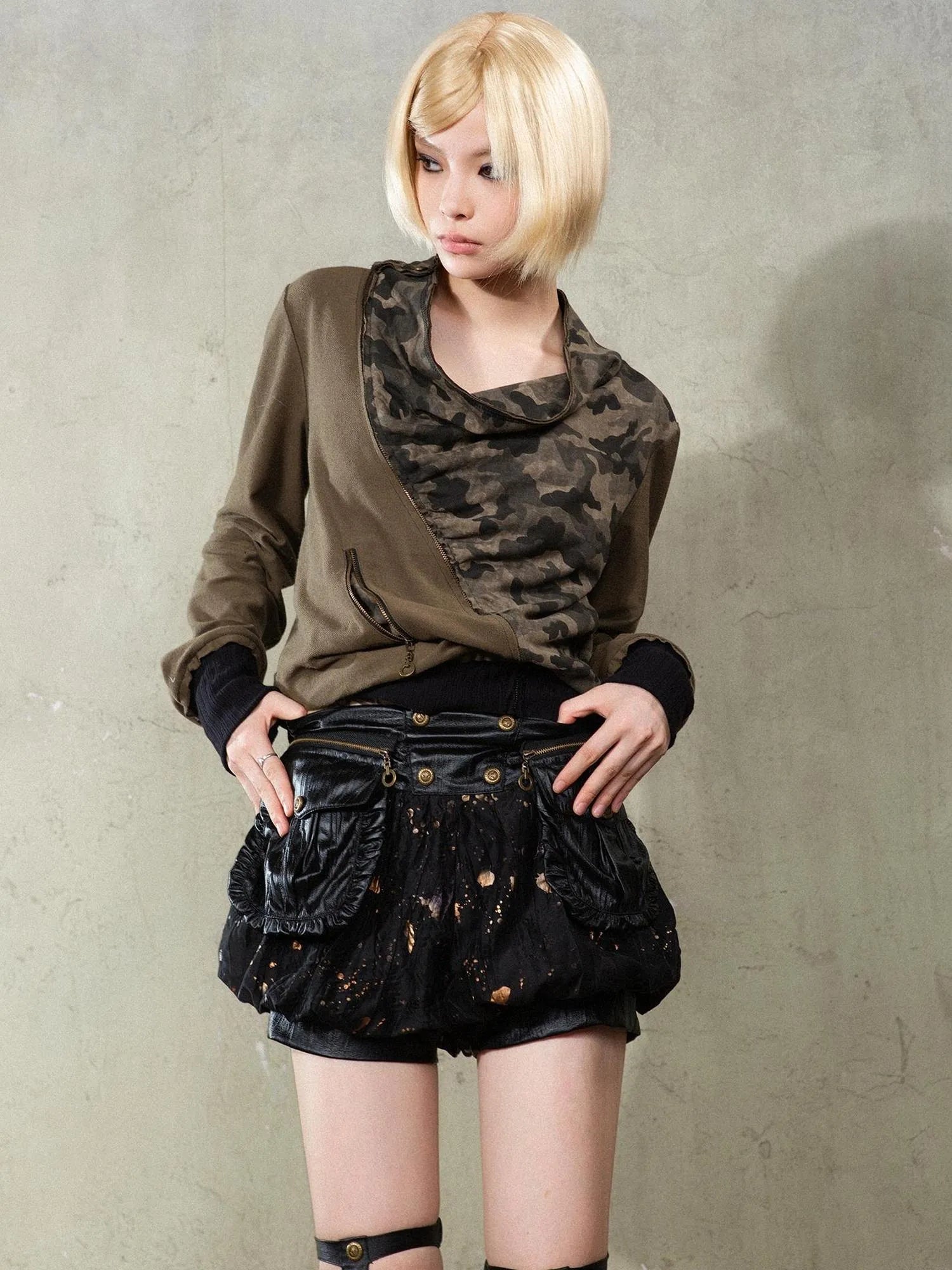 Y2K Punk Puff Shorts Industrial Denim Patchwork Bloomers