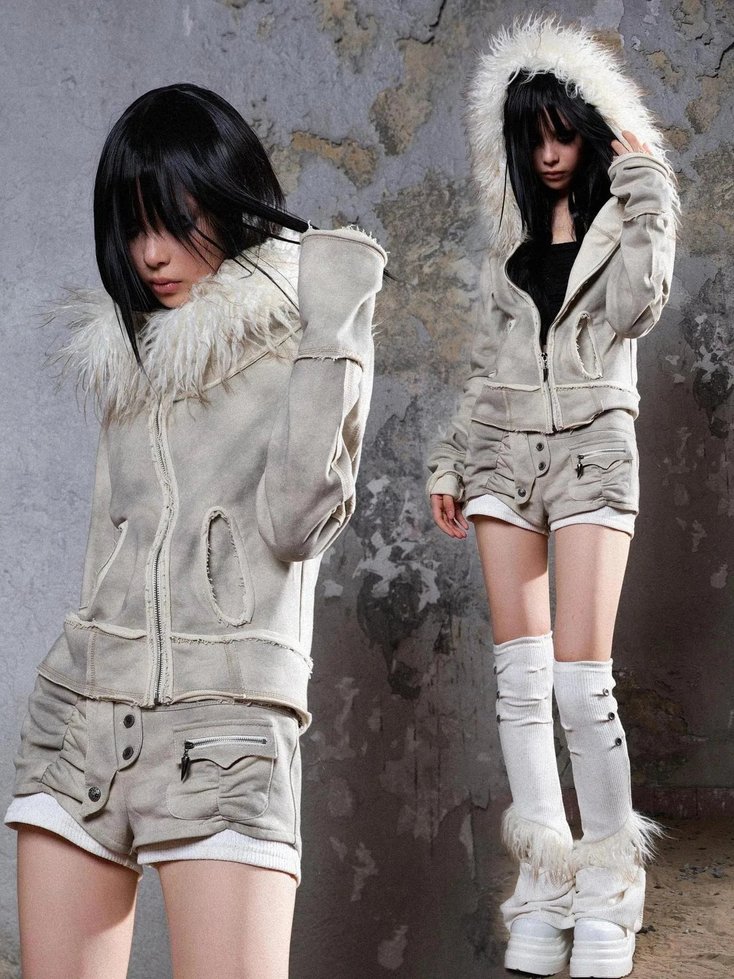 Y2K Punk Sporty Cropped Jacket With Fur Trim 70% Acrylic 30% Polyester