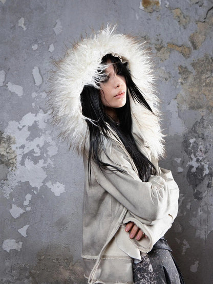 Y2K Punk Sporty Cropped Jacket With Fur Trim 70% Acrylic 30% Polyester