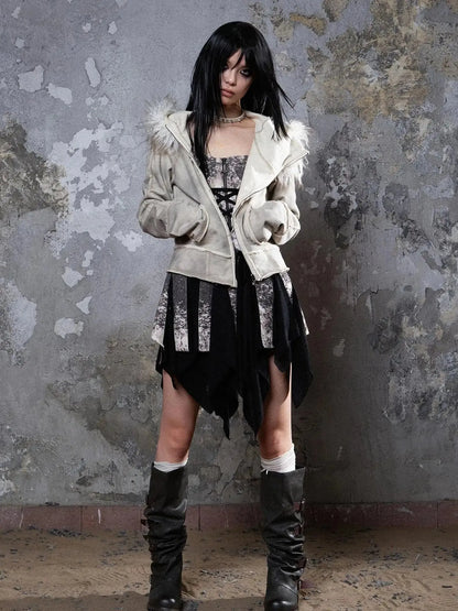 Y2K Punk Sporty Cropped Jacket With Fur Trim 70% Acrylic 30% Polyester