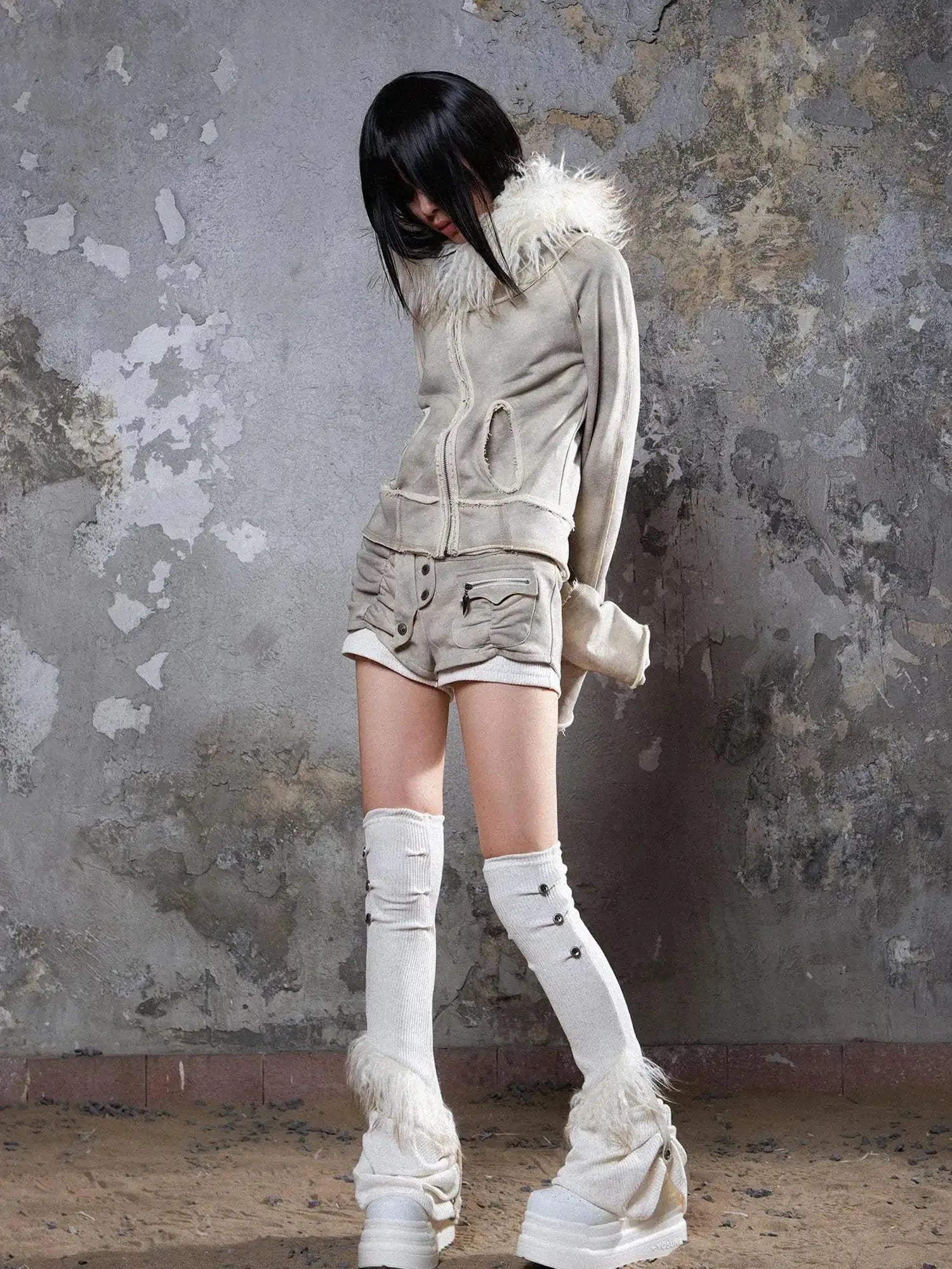 Y2K Punk Sporty Cropped Jacket With Fur Trim 70% Acrylic 30% Polyester