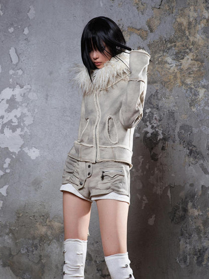 ARIADNAw Y2K Punk Sporty Cropped Jacket With Fur Trim 70% Acrylic 30% Polyester