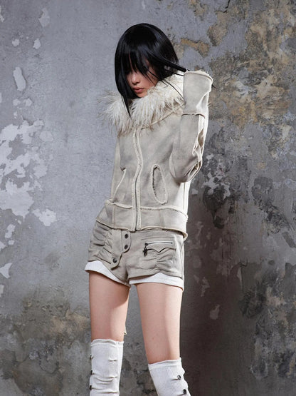 Y2K Punk Sporty Cropped Jacket With Fur Trim 70% Acrylic 30% Polyester