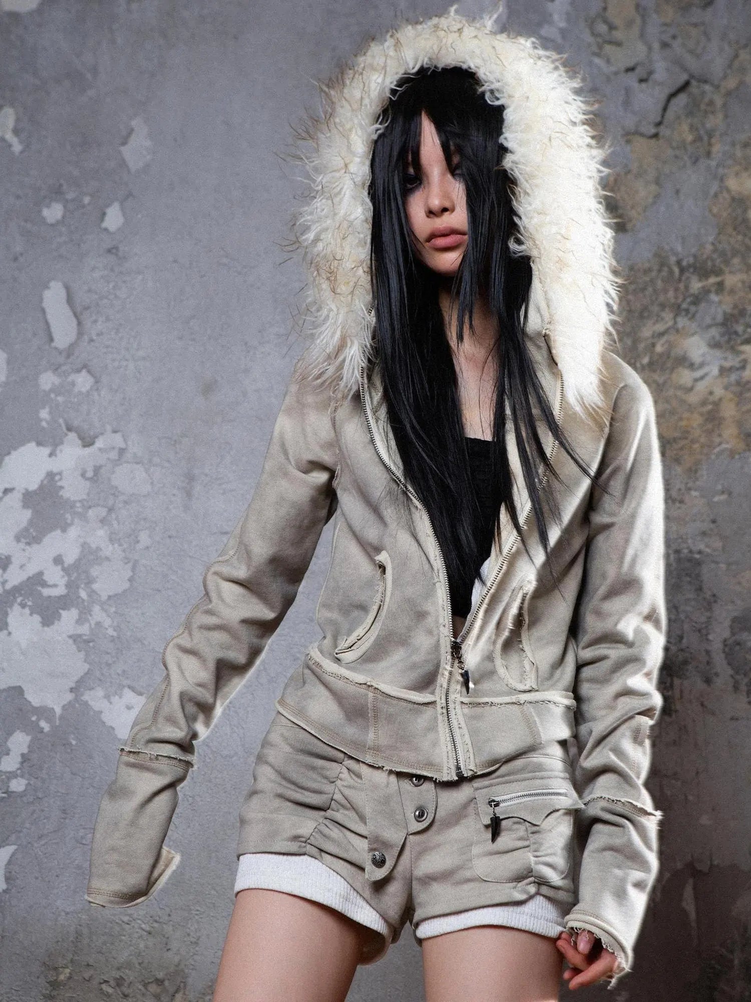 Y2K Punk Sporty Cropped Jacket With Fur Trim 70% Acrylic 30% Polyester