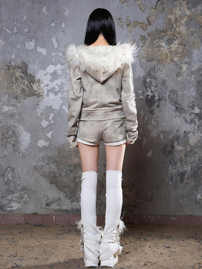 ARIADNAw Y2K Punk Sporty Cropped Jacket With Fur Trim 70% Acrylic 30% Polyester