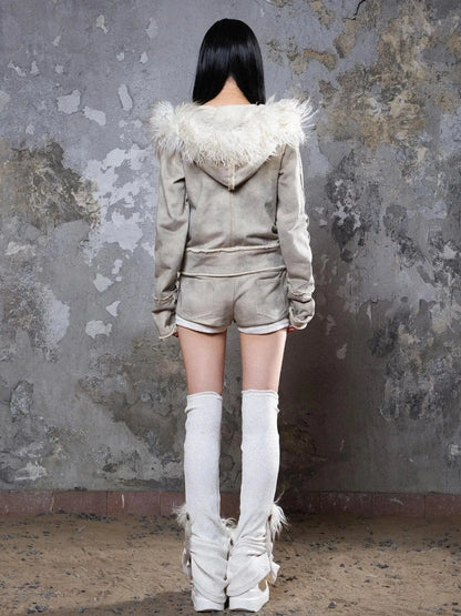 Y2K Punk Sporty Cropped Jacket With Fur Trim 70% Acrylic 30% Polyester