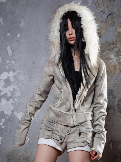 ARIADNAw Y2K Punk Sporty Cropped Jacket With Fur Trim 70% Acrylic 30% Polyester