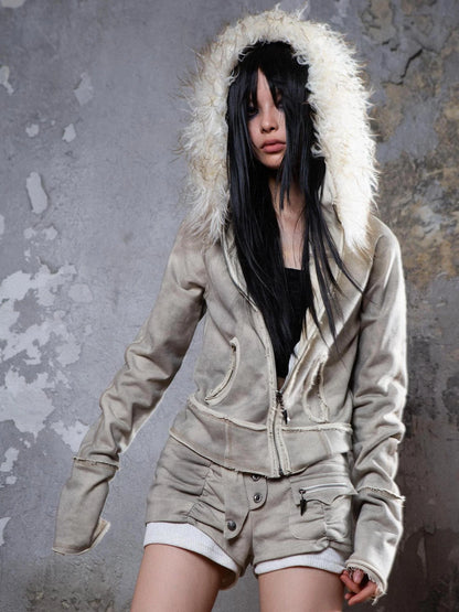 Y2K Punk Sporty Cropped Jacket With Fur Trim 70% Acrylic 30% Polyester
