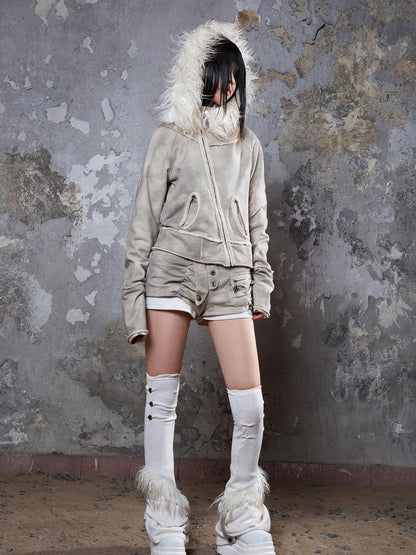 ARIADNAw Y2K Punk Sporty Cropped Jacket With Fur Trim 70% Acrylic 30% Polyester