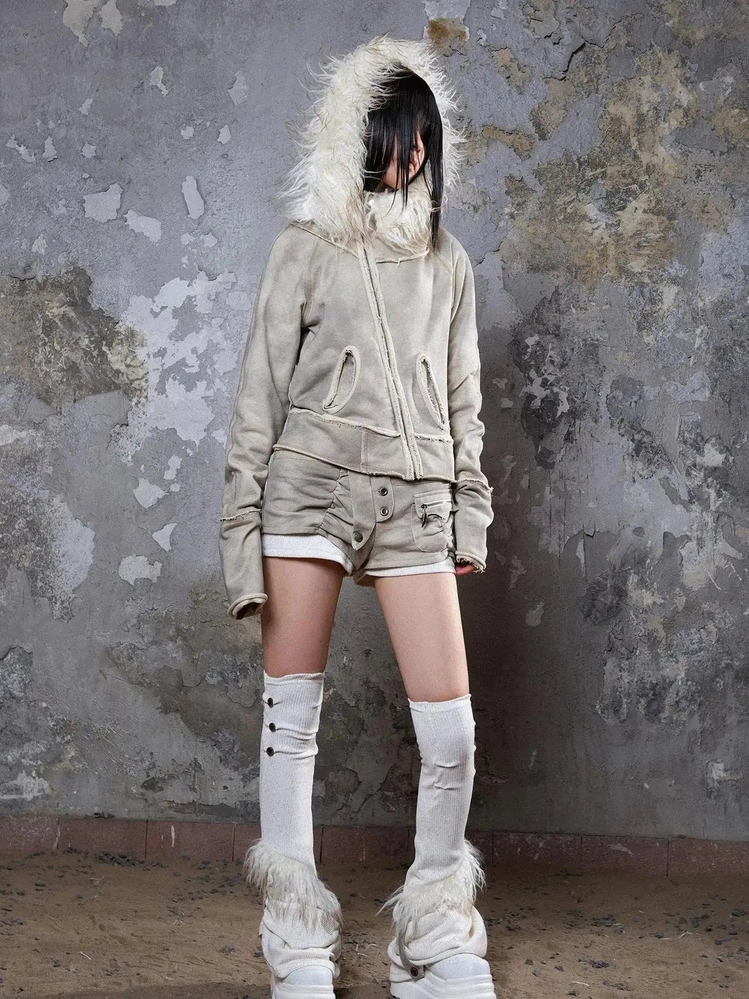 Y2K Punk Sporty Cropped Jacket With Fur Trim 70% Acrylic 30% Polyester