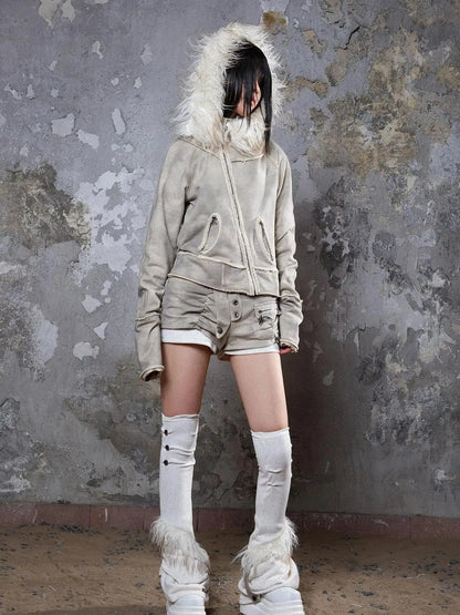 Y2K Punk Sporty Cropped Jacket With Fur Trim 70% Acrylic 30% Polyester