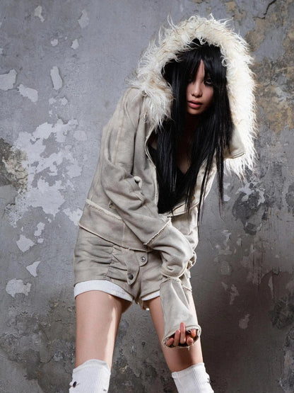 Y2K Punk Sporty Cropped Jacket With Fur Trim 70% Acrylic 30% Polyester