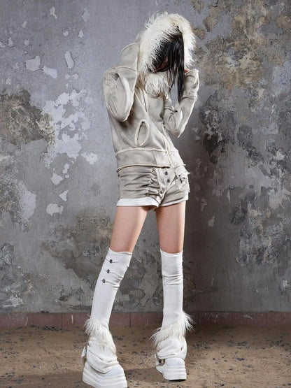Y2K Punk Sporty Cropped Jacket With Fur Trim 70% Acrylic 30% Polyester