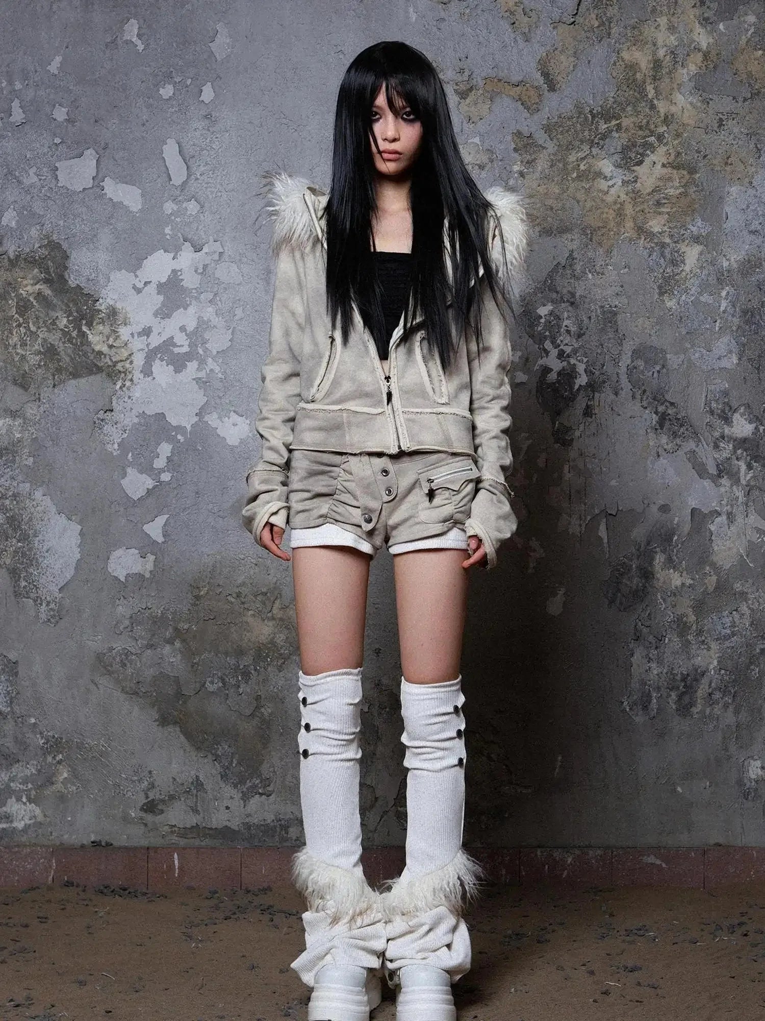 Y2K Punk Sporty Cropped Jacket With Fur Trim 70% Acrylic 30% Polyester