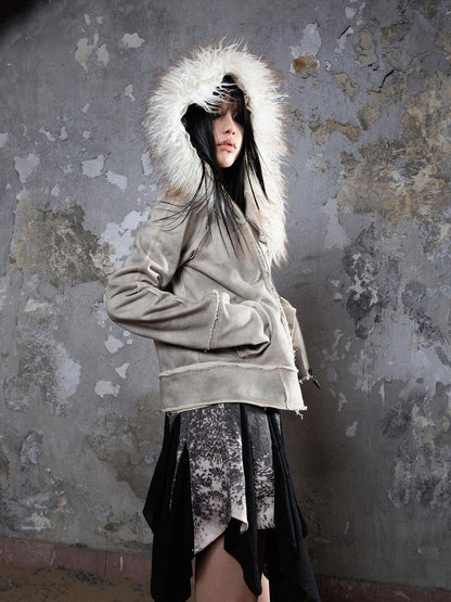 ARIADNAw Y2K Punk Sporty Cropped Jacket With Fur Trim 70% Acrylic 30% Polyester