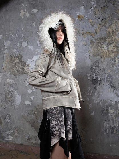 Y2K Punk Sporty Cropped Jacket With Fur Trim 70% Acrylic 30% Polyester