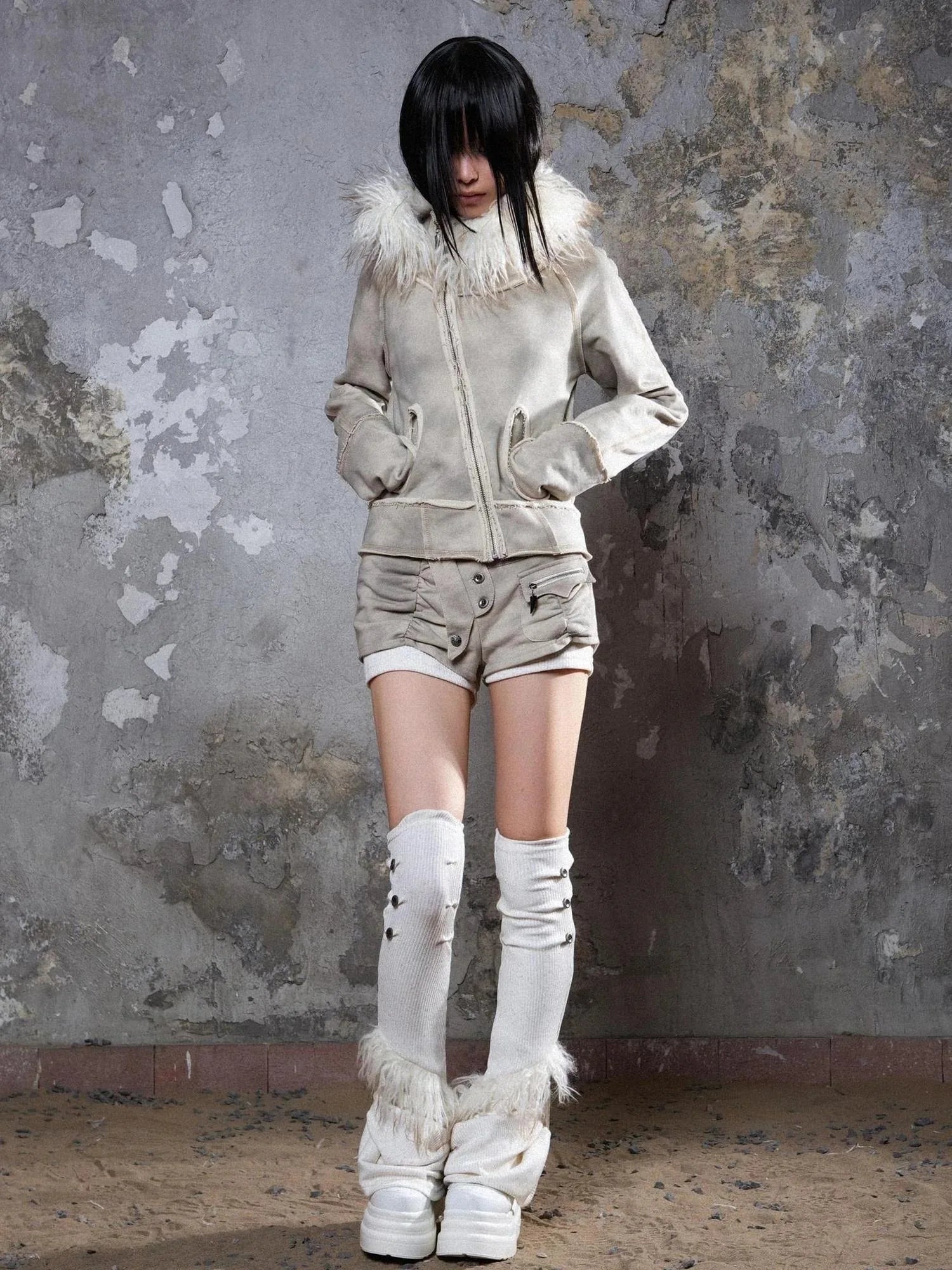 Y2K Punk Sporty Cropped Jacket With Fur Trim 70% Acrylic 30% Polyester