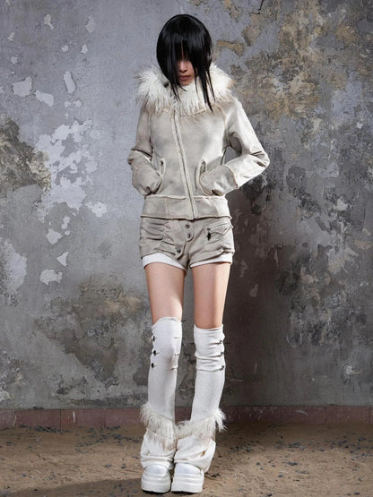 Y2K Punk Sporty Cropped Jacket With Fur Trim 70% Acrylic 30% Polyester