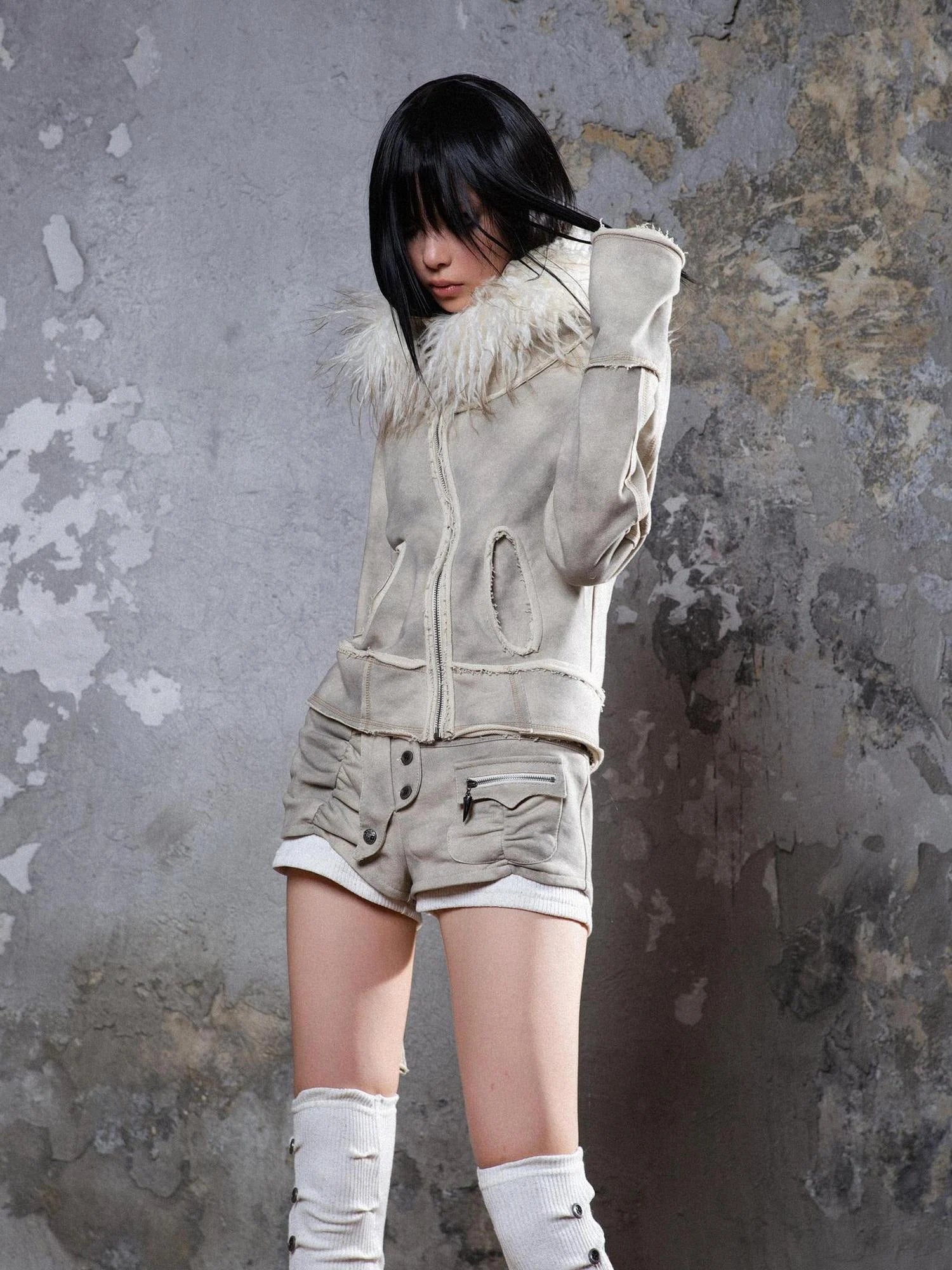 Y2K Punk Sporty Cropped Jacket With Fur Trim 70% Acrylic 30% Polyester