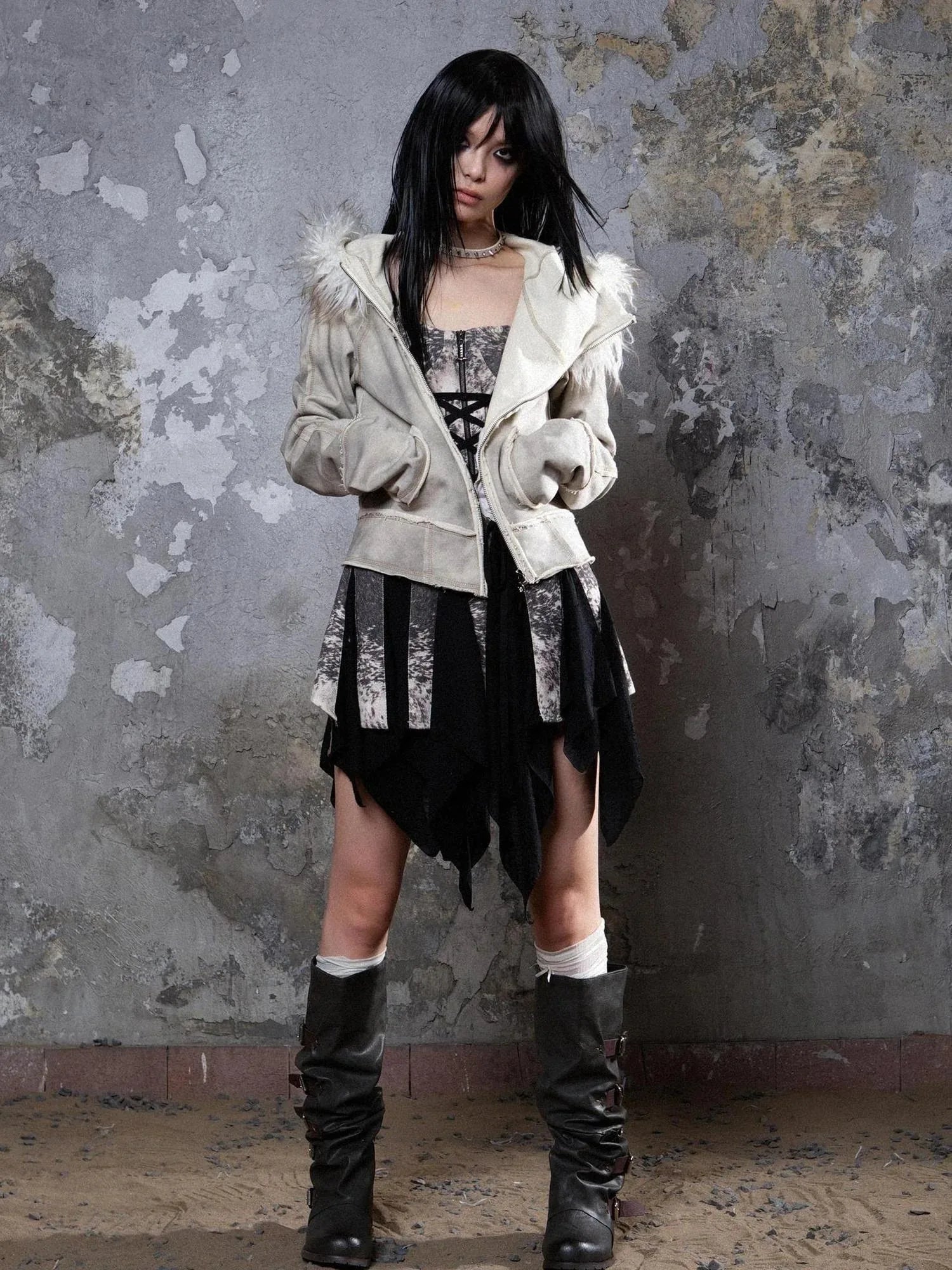 Y2K Punk Sporty Cropped Jacket With Fur Trim 70% Acrylic 30% Polyester