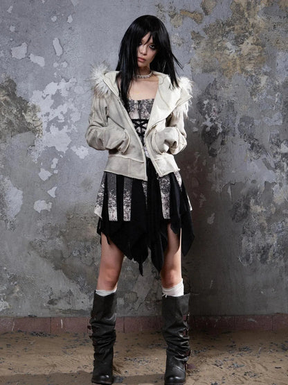 Y2K Punk Sporty Cropped Jacket With Fur Trim 70% Acrylic 30% Polyester