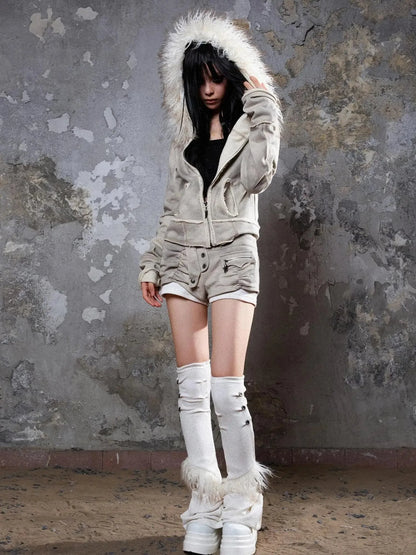 Y2K Punk Sporty Cropped Jacket With Fur Trim 70% Acrylic 30% Polyester