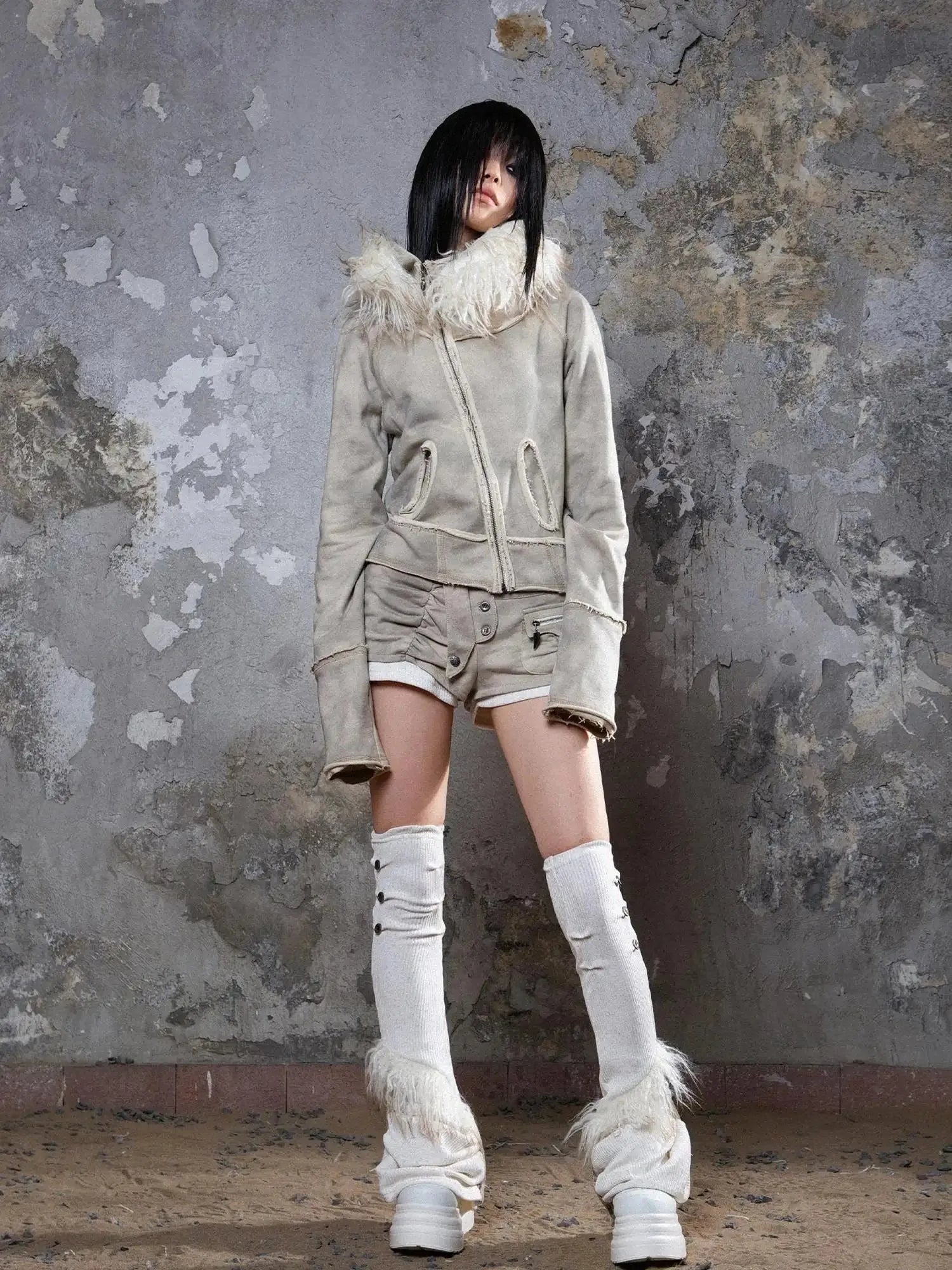 Y2K Punk Sporty Cropped Jacket With Fur Trim 70% Acrylic 30% Polyester