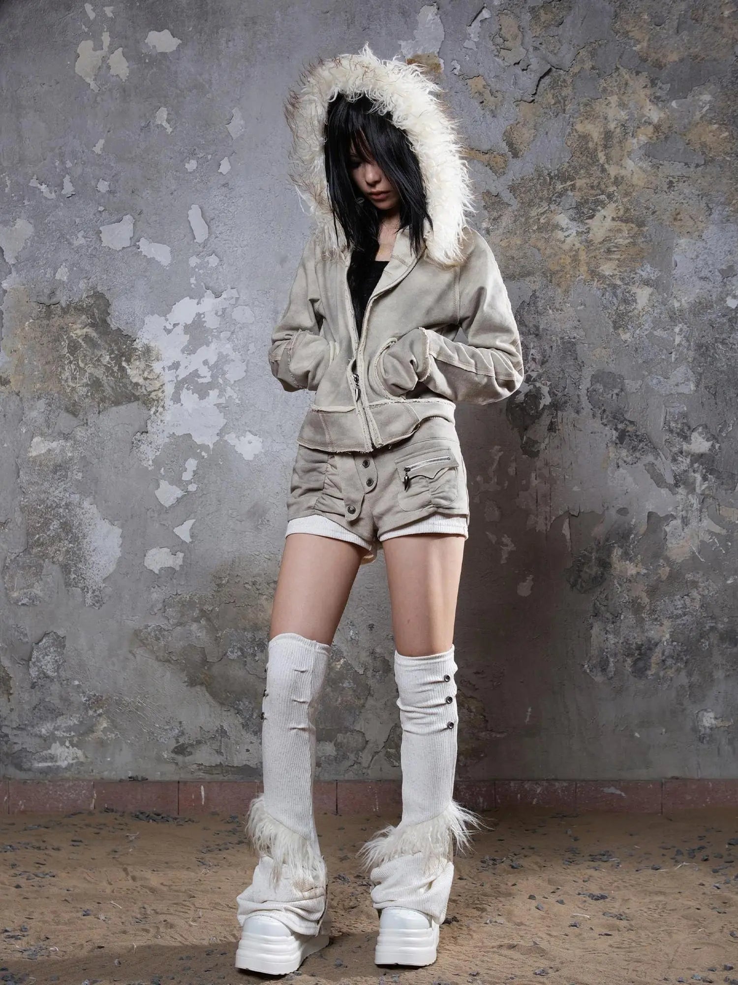 Y2K Punk Sporty Cropped Jacket With Fur Trim 70% Acrylic 30% Polyester