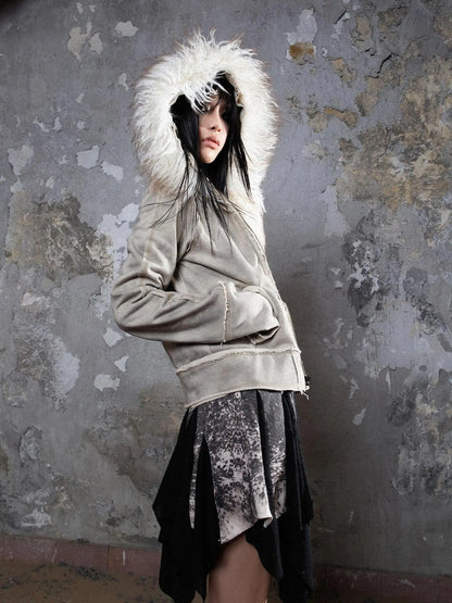 Y2K Punk Sporty Cropped Jacket With Fur Trim 70% Acrylic 30% Polyester