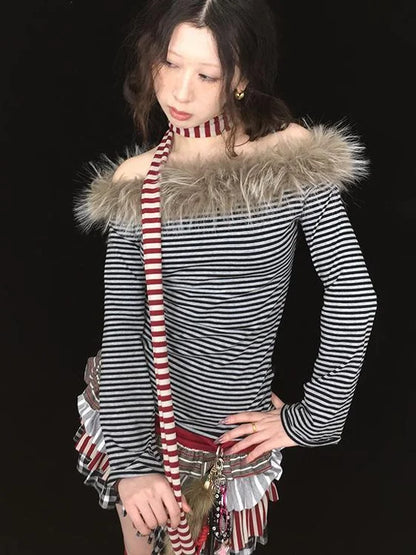 Y2K Red Striped Scarf For Girls All-Season Fashion Scarf