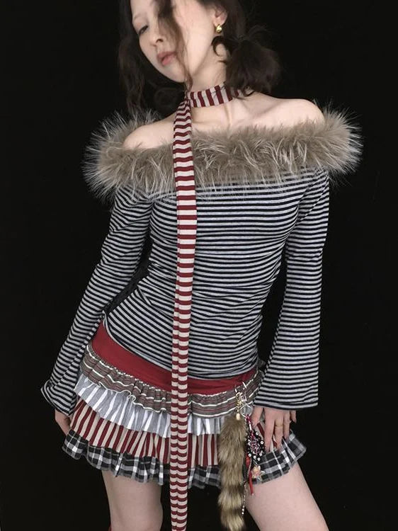 Y2K Red Striped Scarf For Girls All-Season Fashion Scarf