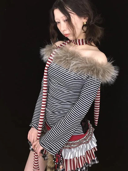 Y2K Red Striped Scarf For Girls All-Season Fashion Scarf