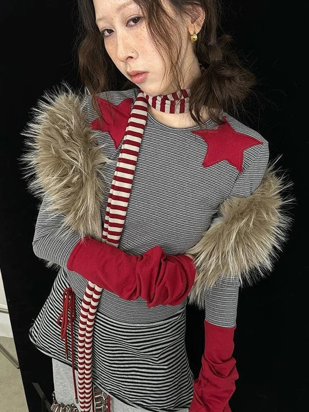 Y2K Red Striped Scarf For Girls All-Season Fashion Scarf