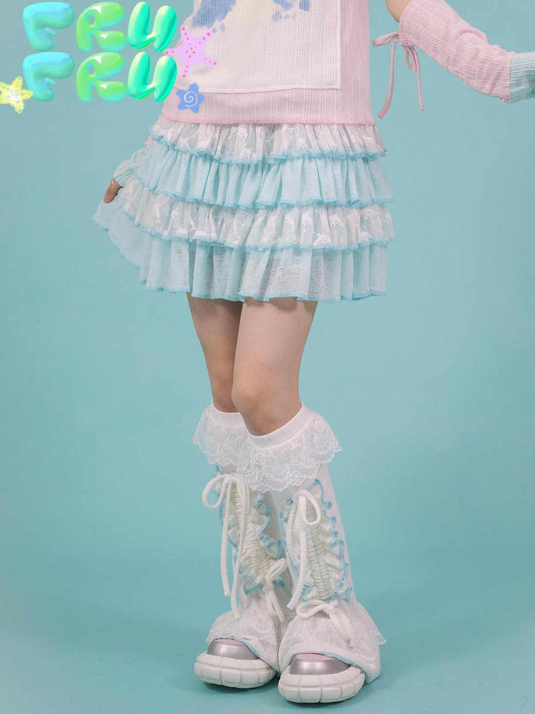 Frufru Gulu Y2K Summer Blue Lace Ruffled Cake Puff Dress