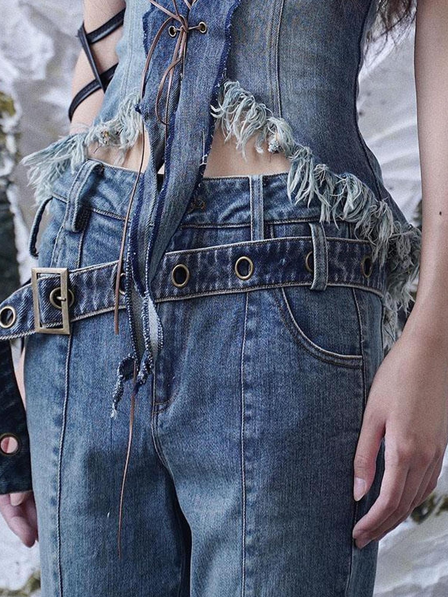 WSW WUSHENWU Y2 K Vintage Denim Belt Retro Styling Unisex Accessory