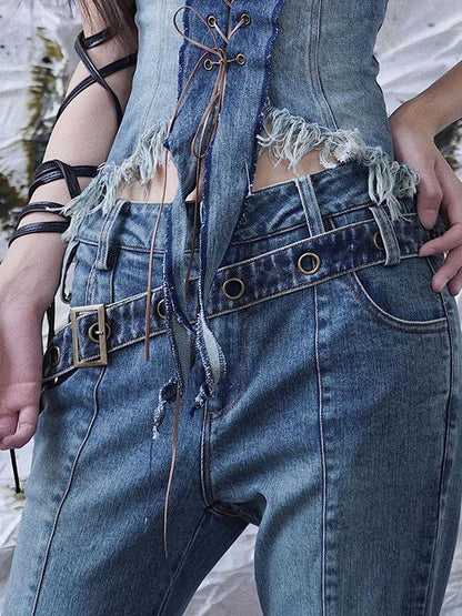 WSW WUSHENWU Y2 K Vintage Denim Belt Retro Styling Unisex Accessory