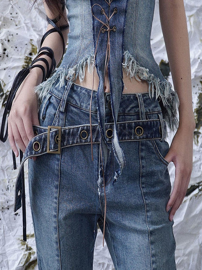 WSW WUSHENWU Y2 K Vintage Denim Belt Retro Styling Unisex Accessory