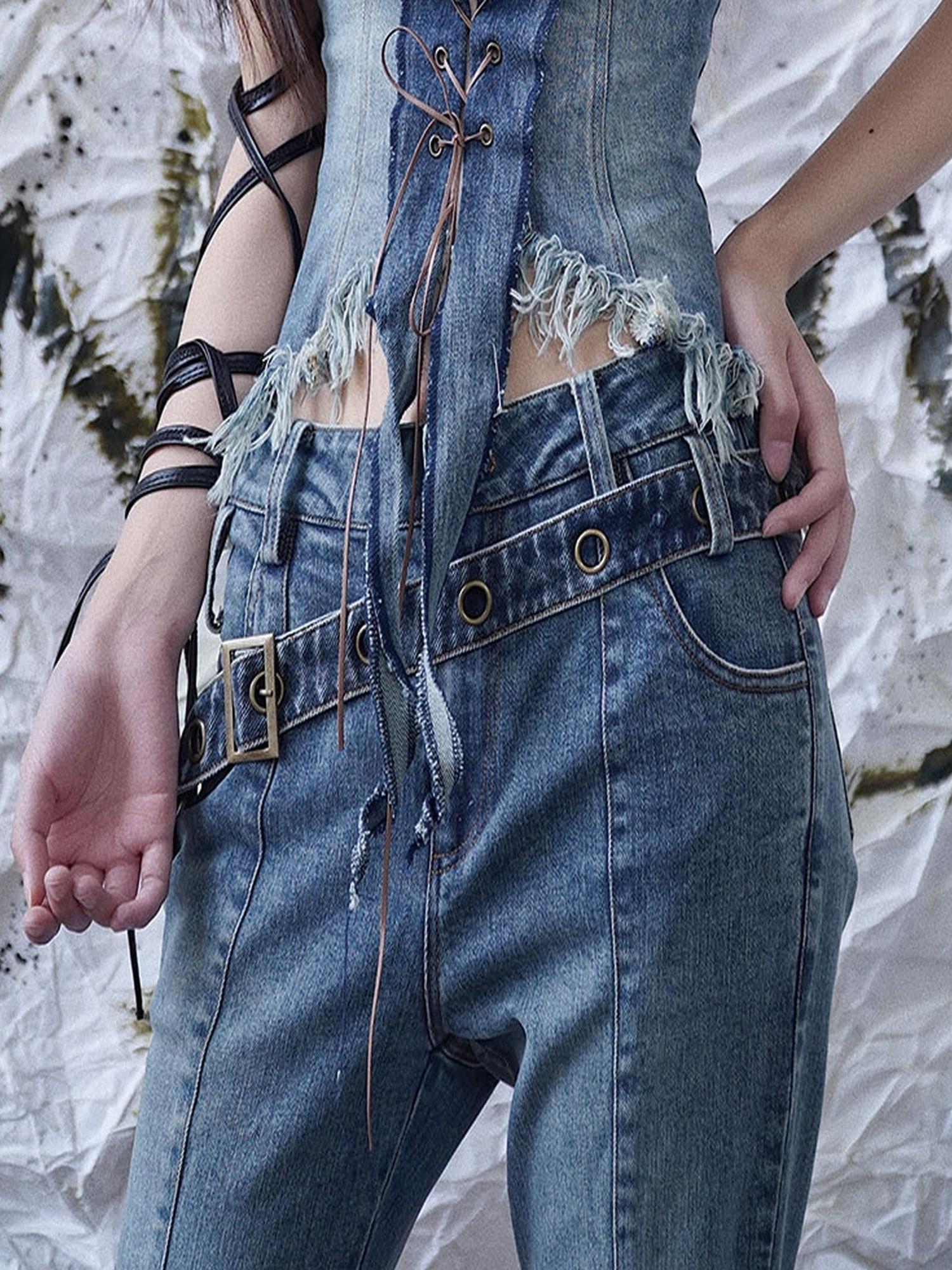 WSW WUSHENWU Y2 K Vintage Denim Belt Retro Styling Unisex Accessory