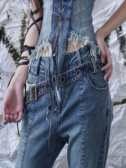 WSW WUSHENWU Y2 K Vintage Denim Belt Retro Styling Unisex Accessory