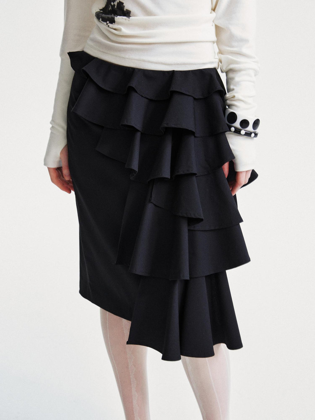 YOSHUYUKI Asymmetrical Lace Trim Black Straight Skirt