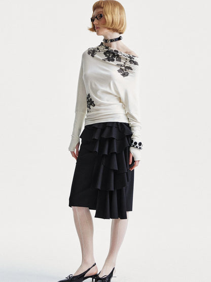 Asymmetrical Lace Trim Black Straight Skirt