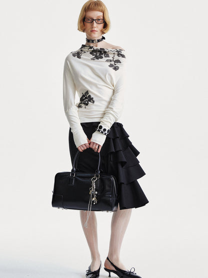 YOSHUYUKI Asymmetrical Lace Trim Black Straight Skirt